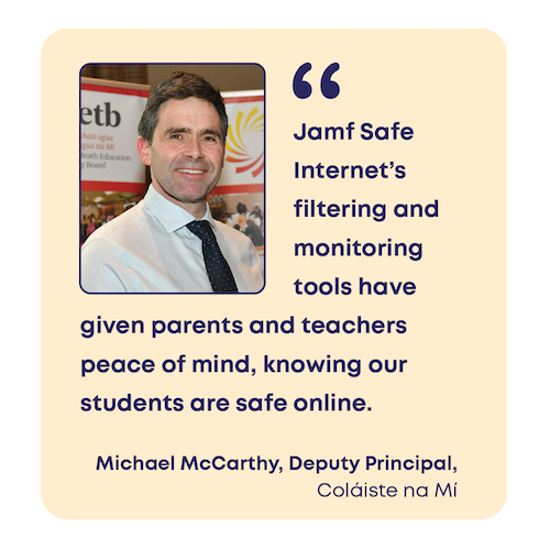 A graphic showing a school leader speaking about Jamf Safe Internet